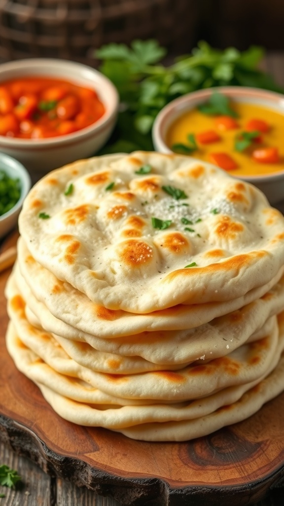 A stack of golden yogurt flatbreads on a wooden board with bowls of dips in the background.